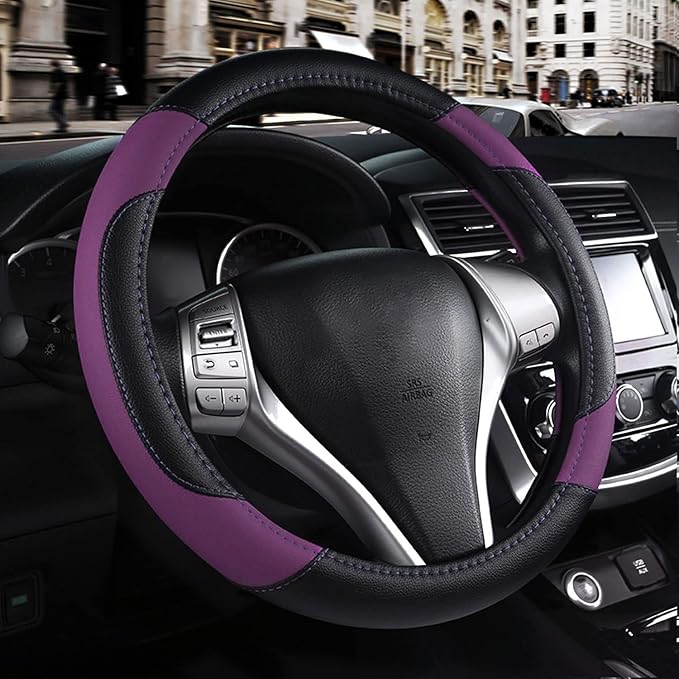 Leather Car Steering Wheel Cover, Non-Slip Car Wheel Cover Protector Breathable Microfiber Leather Universal Fit for Most Cars (Purple-2)