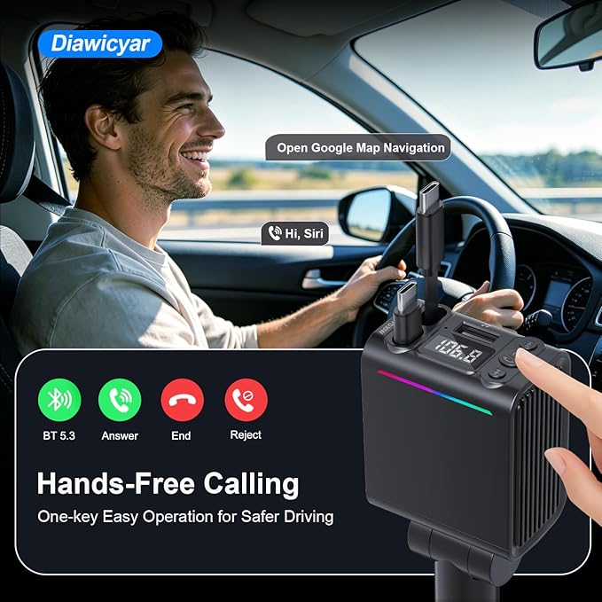 FM Transmitter Bluetooth Car Adapter - 45W Retractable Car Charger [PD 30W & QC3.0] Wireless Radio FM Bluetooth Transmitter for Old Cars, Hands-Free Calling, Black