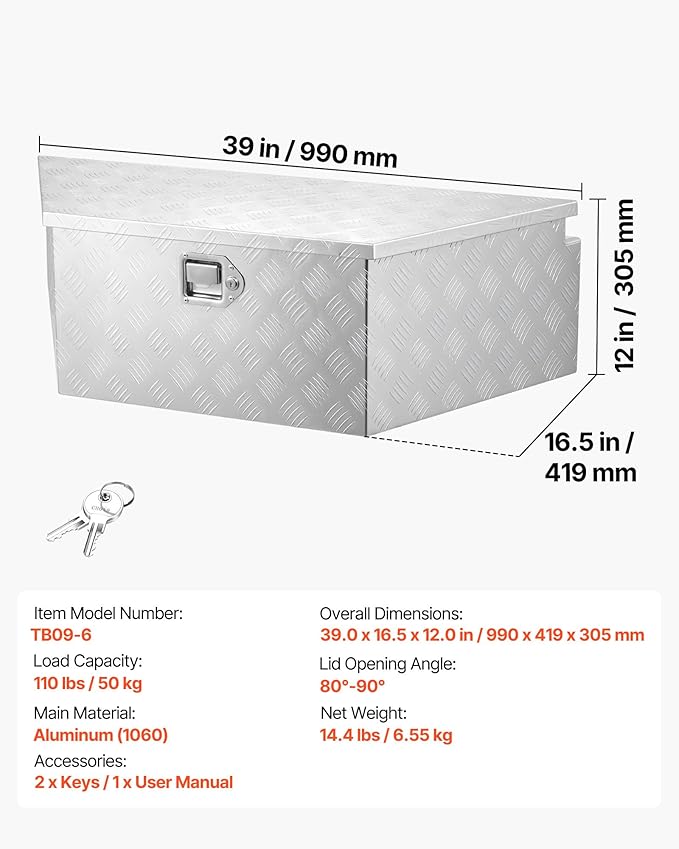 VEVOR Trailer Tongue Box, Heavy Duty Trailer Tongue Tool Box Storage Organizer with Lock & Keys, Utility Tool Chest for Pickup Truck Bed, RV, SUV, Off-Road Vehicle, Aluminum, 39" x 16.5" x 12", Silver