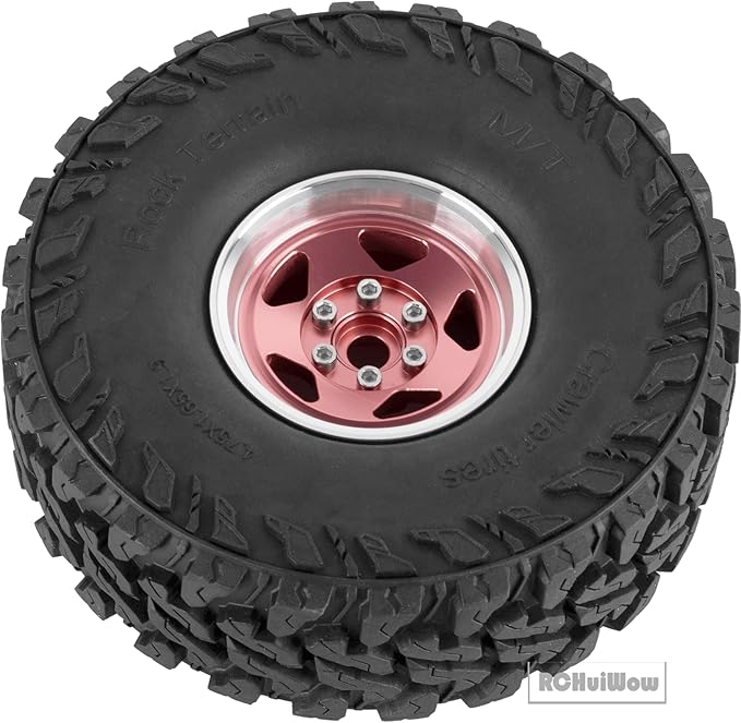 RC Alloy 1.9" Beadlock Wheels and Tires for 1/10 RC Crawler TRX4 SCX10 SCX10 III 90046 D90,1.9 RC Wheels and Tires 1.9 Beadlock Tires RC Rims,4 Packs,Pink