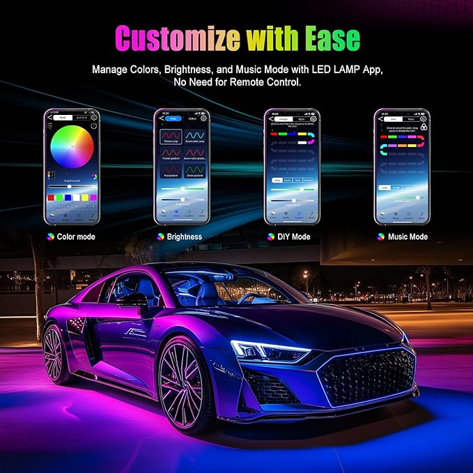 YiLaie Car LED Lights Interior, Multcolor LED Light for Car with APP Control and DIY Mode, Music Sync USB Under Dash Lighting Kit for Cars, Trucks, SUVs, DC 5V