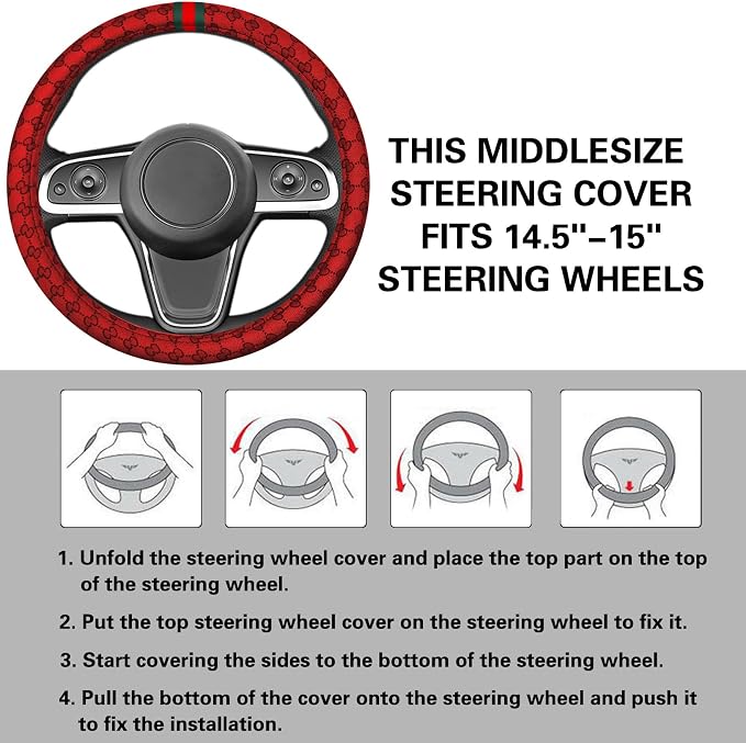 5PCS Steering Wheel Cover, with 2 Headrests, 2 Seat Belt Covers - Universal Fit for 14.5-15" Steering Wheel, Enhances Driving Experience - Perfect for Women (Red)