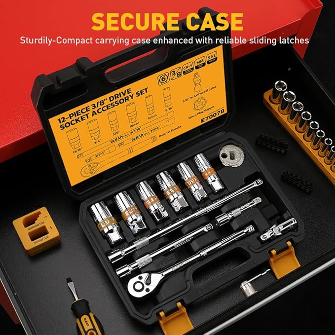 ELEAD 12-Piece 3/8" Drive Spark Plug Socket Set with Ratchet Handle, Universal Joint, Spark Plug Gapper & Extension Bar, 9/16", 5/8", 3/4", 13/16", 14mm, 18mm, CR-V Sockets with Rubber Holding Rings