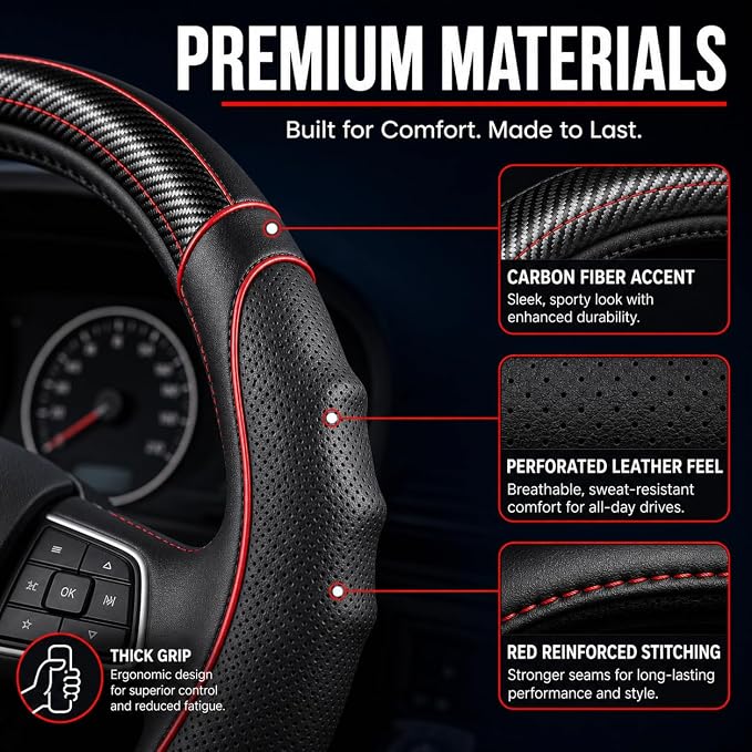 18 Inch Semi Truck Steering Wheel Cover for Freightliner Cascadia, Kenworth T680 T880, Peterbilt 579, Volvo VNL - Anti-Slip Carbon Fiber Grip - Carbon Red