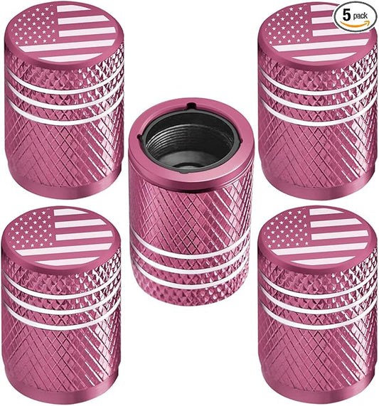 Tire Valve Stem Caps for Car Tire Cap 5 Pack Corrosion Resistant Leak-Proof Premium Alloy American Flag Universal for Car Bike Truck Motorcycle Pink