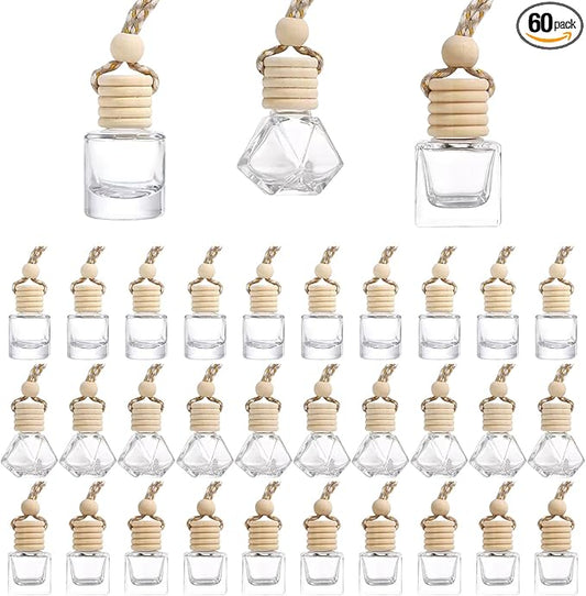 Hanging Car Air Freshener Diffuser, 60Pcs 8ml Empty Glass Essential Pendant Bottles, Automotive Oil Aromatherapy Fragrance Perfume jars