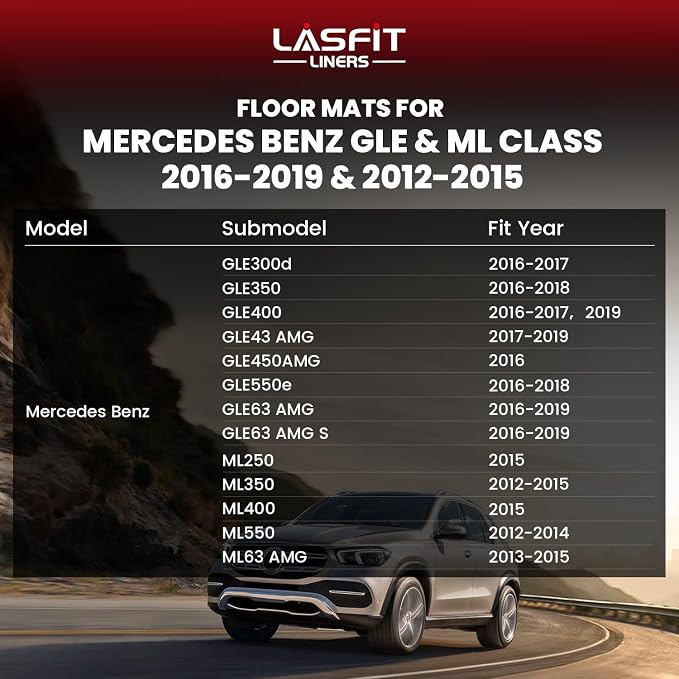 LASFIT Floor Mats for Mercedes Benz GLE 2016-2019 & ML Class 2012-2015 350/400 /63 AMG S, All Weather TPE Floor Liners Custom Fit GLE & ML Car Mats, 1st & 2nd Row, Black