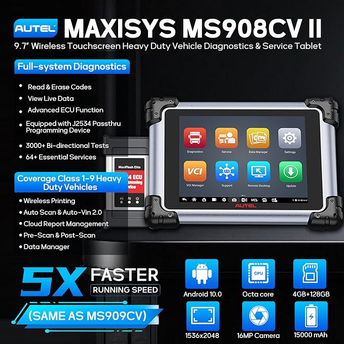 Autel MaxiSys MS908CV II Heavy Duty Truck Scanner, J2534 ECU Programming Tool, Upgraded from MS908CV, 64+ Services, All System Diagnostics, Class 1–9 Vehicles, Commercial & Semi Truck Scan Tool