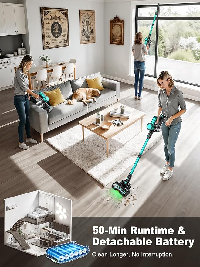 Cordless Vacuum Cleaner,58kPa/10-in-1 Stick Vacuum with 29-inch Hose and LED Lighting Brush,50Mins Runtime Vacuum Cleaner for Home,Self-Standing Vacuum with Anti-Tangle Brush for Pet Hair/Carpet/Floor