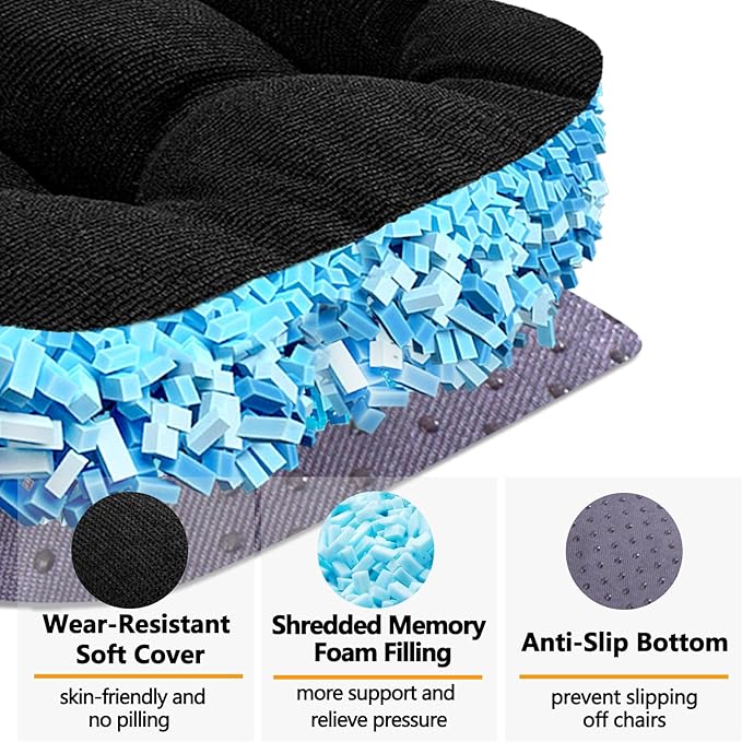 MAGIC ELEPHANT Chair Cushions for Dining Chair, Shredded Memory Foam Kitchen Chair Cushions Set of 4, Non-Slip Thick Dinning Room Chair Pads Seat Cushions, 15.5" x 15.5" x 4" (Black)