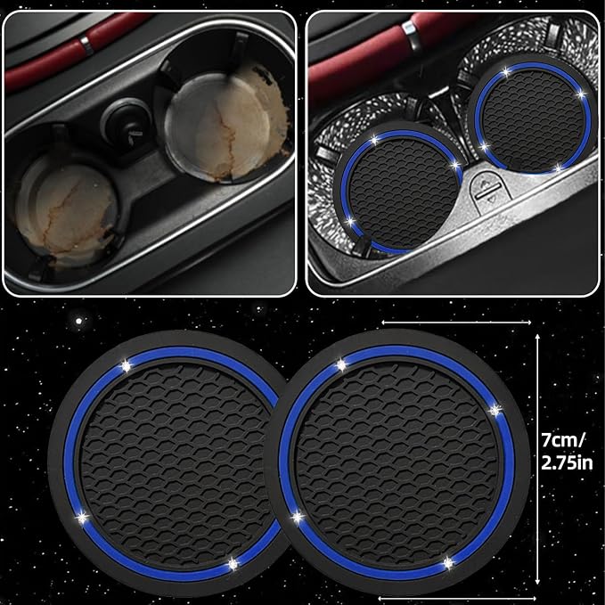 NBTEPEM 6 PCS Bling Car Accessories Set, Leather Steering Wheel Covers Universal 14.5-15 inch, Center Console Cover, Seat Belt Cushion, Cup Holder Coaster (Blue)