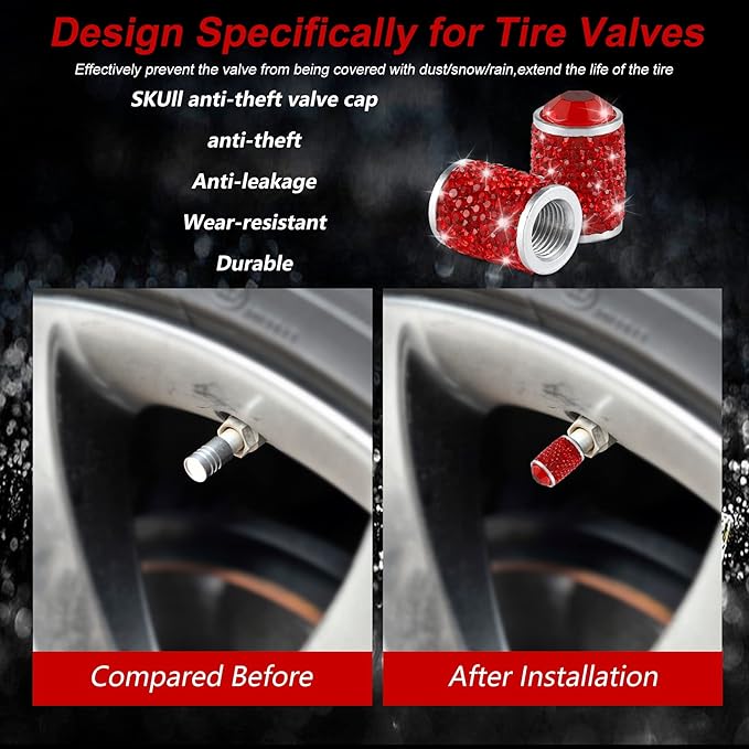 Alpmosn Car Wheel Tire Valve Caps, 4 PCS Bling Tire Valve Caps, Crystal Tire Caps Shinny Rhinestone for Women, Universal Car Dustproof Tire Valve Caps for Cars, Trucks, SUV and Motorcycles (Red)