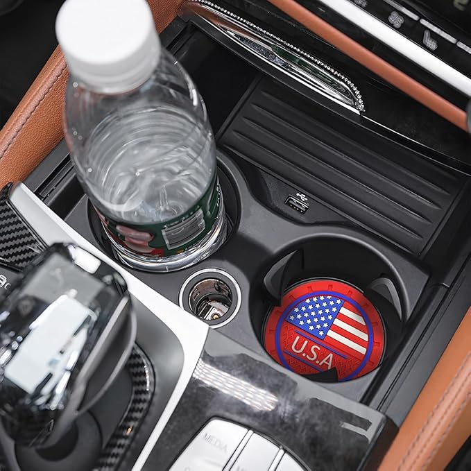 AUCELI 2 Pack Car Cup Holder Coasters, Colored American Flag US Flag Insert Car Cup Coaster, 2.75 Inch Anti Slip Shockproof Embedded Drink Mat, Vehicle Interior Decor Accessories
