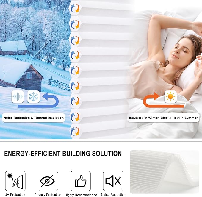 Tonature No Drill Cellular Shades for Indoor Windows, Thermal Insulating & Noise Reducing Honeycomb Blinds, Cordless Free Stop Blinds Light Filtering, White,56 1/2" W x 64" H