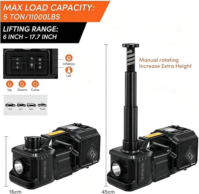 Electric Car Jack Kit 5 Ton 12V Floor Jack Portable Hydraulic Car Jack with Impact Wrench and Tire Inflator Pump for SUV Sedans Tire Change with LED Light, Lifting Height 6 to 17.7 Inch(Black)