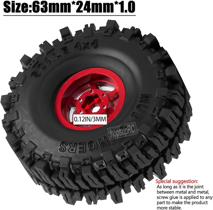 RC 1.0 Beadlock Truck Tires for 1/18 1/24 Trx4m SCX24 RC Crawler,RC Wheels Tires.Aluminum 1.0‘’ Beadlock Wheel Rim&1.0in Tires Tyres.Red(4PCS)