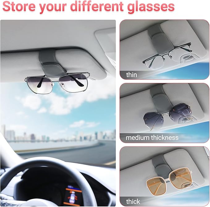 KanSmart Sunglass Holder for Car Visor Sunglasses Clip Magnetic Leather Glasses Eyeglass Holder Auto Interior Accessories Universal for SUV Pickup Truck -Gray
