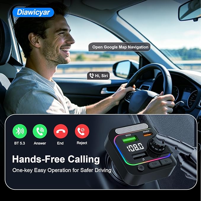 FM Transmitter Bluetooth Car Adapter - 63W Wireless Radio FM Bluetooth Transmitter with Deep Bass Player for Old Cars [PD 45W & QC3.0], Car Charger USB C Fast Charge, Hands-Free Calling, Black