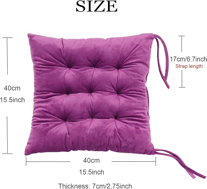 6 Pack Square Seat Cushion Chair Pads for Kitchen Dining Chairs, Soft Comfort Velvet Chair Mat Pillow Cushions with Ties for Office Desk Living Room Tatami 15.5", Purple