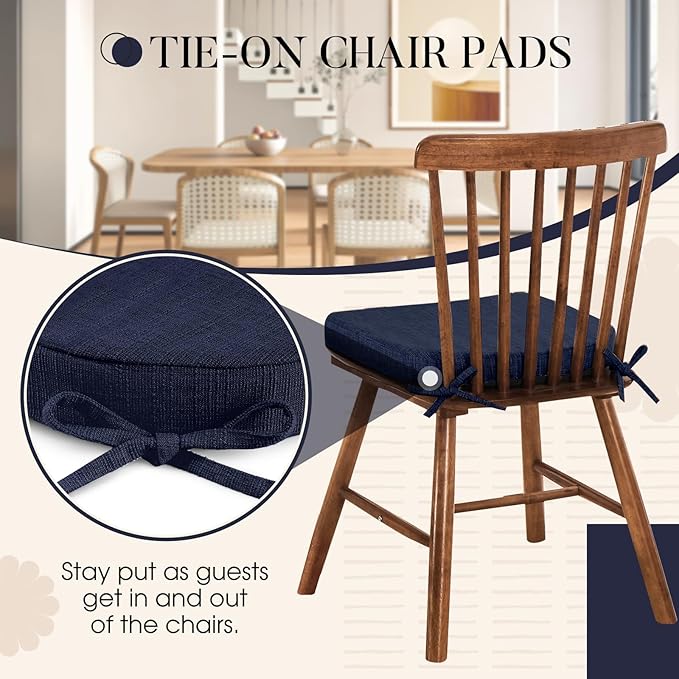 Basic Beyond Chair Cushions for Dining Chairs 4 Pack, Kitchen Chair Cushions with Ties and Non Slip Backing, 16 x 16 inches Chair Pads for Dining Chairs (Navy)