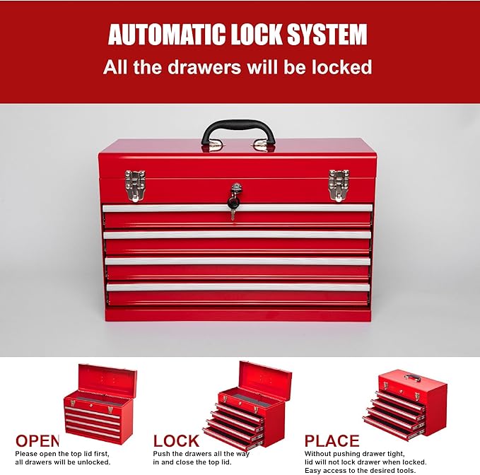 21" Portable 4 Drawer Steel Toolbox, 5 Layers of Tools with Metal Latches, with Top Storage Tray and Carrying Handle, Multi-Function Tool Chest for Garage, Home,or Workbench（red）
