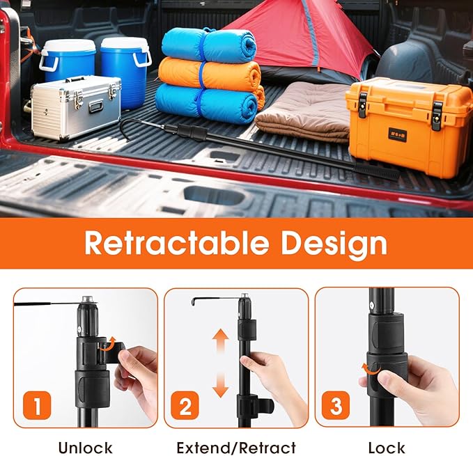 Kojcijs Magnetically Mounted 6.3 Ft Truck Cargo Grabber Reach Retriever Tool with Two Hooks, Pickup Truck Bed Heavy Duty Truck Accessories Telescoping Pole