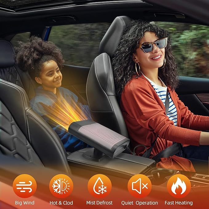 Portable Car Heater,12V Car Heater that Plugs into Cigartte Lighter,Fast Heating Windshield Defroster,2-in-1 Heating & Cooling 360° Rotatable Car Heaters for Vehicle (Grey)
