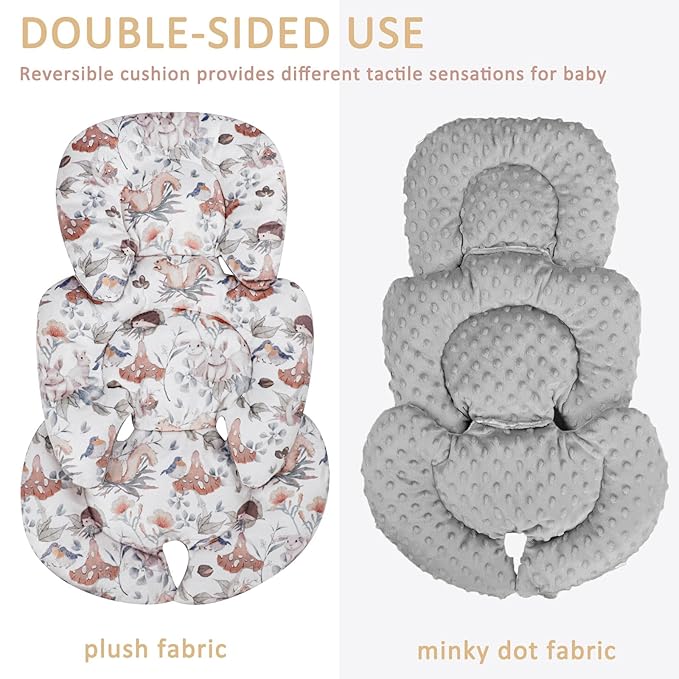 Infant Car Seat Insert Cushion, Super Soft Baby Car Seat Head Support & 2 Straps Pads, Reversible Preemie Newborn Carseat Insert, Fit Car Seat, Stroller, Infant Bouncer, Gray Animals