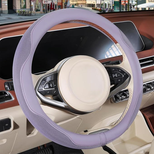 Nappa Leather Steering Wheel Cover, Advanced Microfiber Leather Non-Slip Breathable Fabric, Warm in Winter and Cool in Summer, Purple Large 15.5 inch to 16 inch