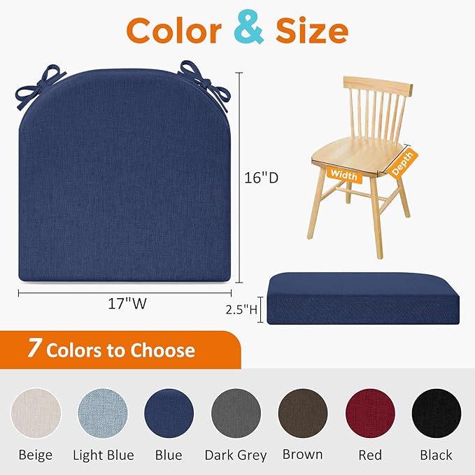 downluxe Chair Cushions for Dining Chairs, Memory Foam Linen Kitchen Chair Pads with Ties, Waterproof, Stain-Resistant and Washable Cover, 17" x 16" x 2.5", Blue, 2 Pack