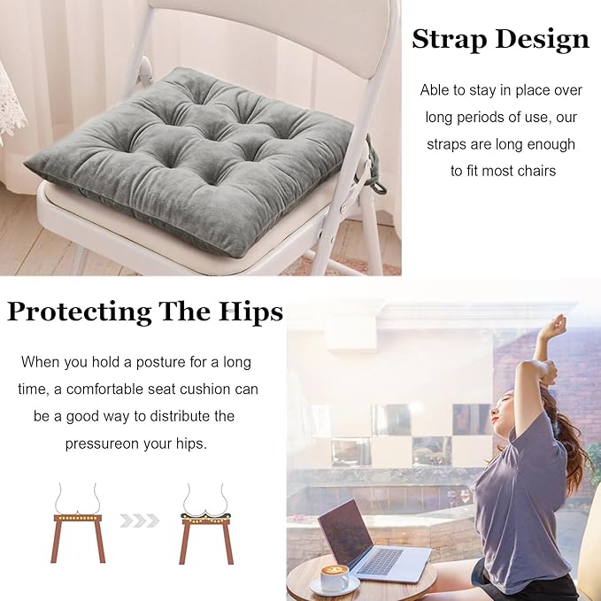 6 Pack Square Seat Cushion Chair Pads for Kitchen Dining Chairs, Soft Comfort Velvet Chair Mat Pillow Cushions with Ties for Office Desk Living Room Tatami 15.5", Gray