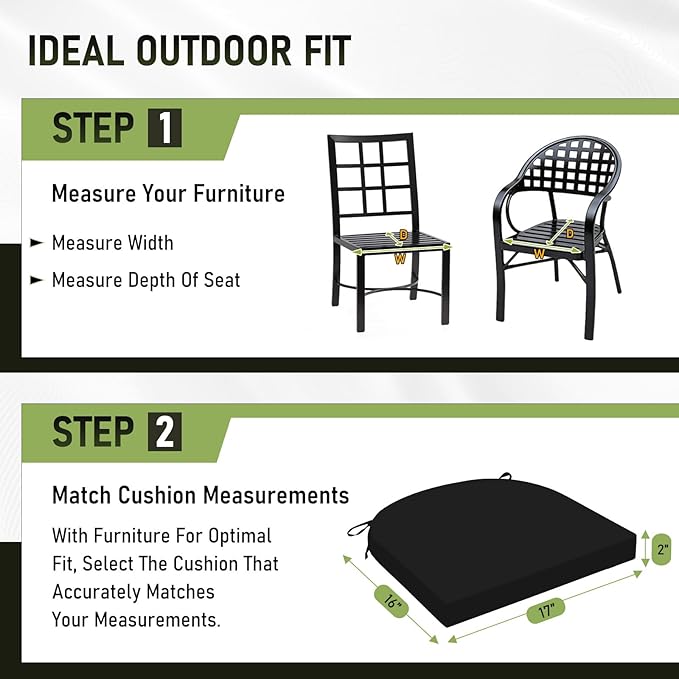 Basic Beyond Outdoor Chair Cushions Set of 4, Outdoor Cushions for Patio Furniture, Water Resistant Patio Chair Cushions with 2 Ties, 17x16x2, Black