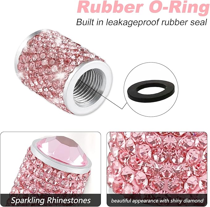 Alpmosn Car Wheel Tire Valve Caps, 4 PCS Bling Tire Valve Caps, Crystal Tire Caps Shinny Rhinestone for Women, Universal Car Dustproof Tire Valve Caps for Cars, Trucks, SUV and Motorcycles (Pink)