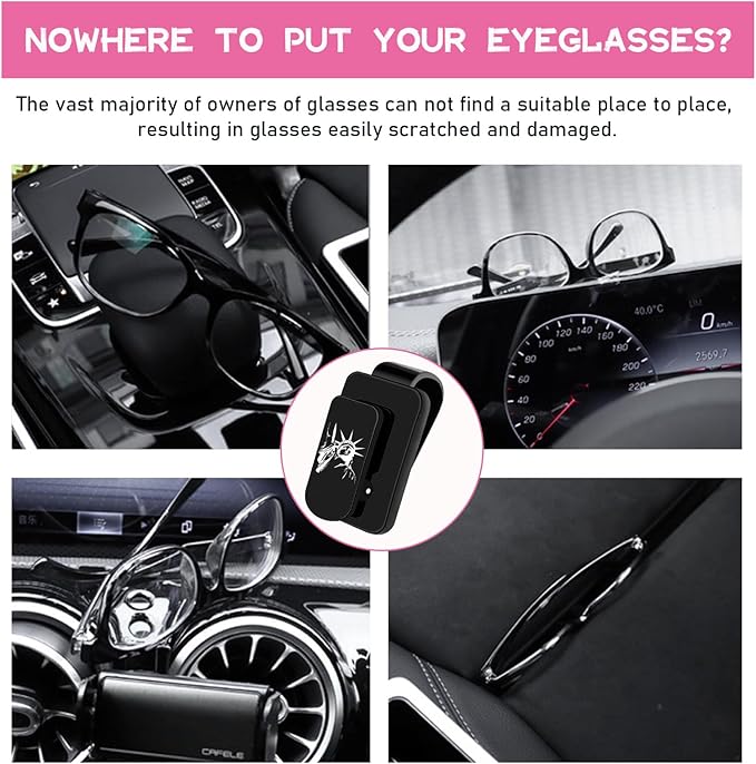 Ohleats Sunglasses Holder for Car Sun Visor, Statue of Liberty Metal Auto Eyeglass Hanger Clip, Multi-Function Ticket Card Clip Eyeglasses Mount, Car Accessories for Men Women (Black)