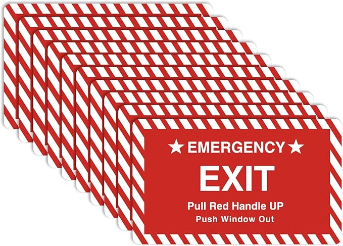 10 Pack 3X4" Car Vehicle School Bus Train Red Hanle Emergency Exit Notice Warning Caution Signs Decal Sticker-Pull Red Handle Up,Push Window Out red