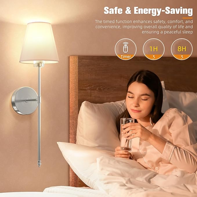 NIORSUN 19.9 inch Battery Operated Wall Sconce Set of 2,Brushed Nickel Rechargeable Wall Lights with 10400mAh Dimmable Detachable Bulbs and Remote,10 Colors Wireless Sconces for Bedroom Living Room