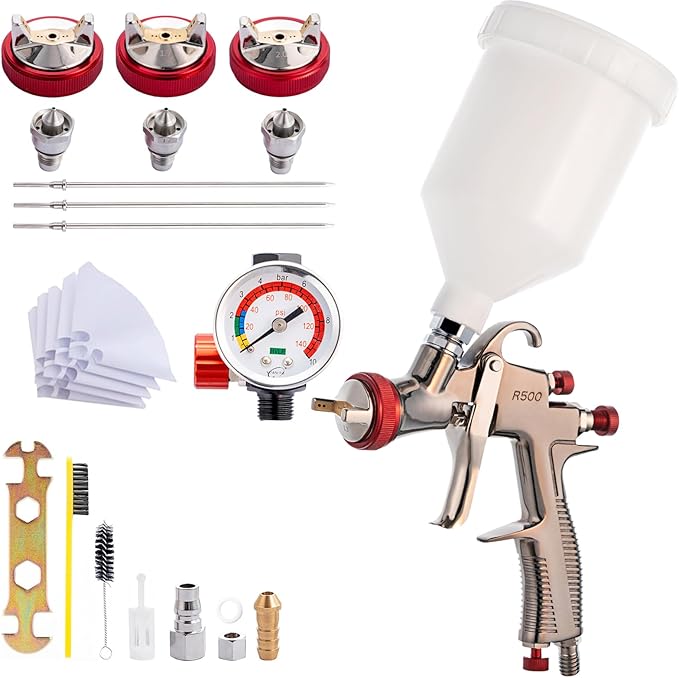 DAXINYANG R500 LVLP Spray Gun with 1.3/1.5/1.7/2.0mm Nozzles and Air Flow Control Valve & Paint Filters, Paint Guns Automotive, Paint Gun for House Painting, Car, Furniture, Primer and Top Coat