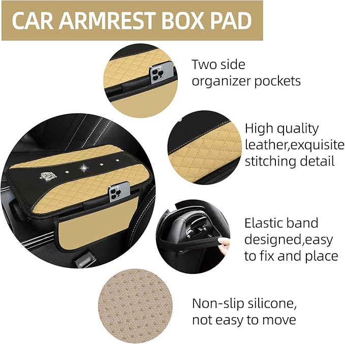 NBTEPEM 6 PCS Bling Car Accessories Set, Leather Steering Wheel Covers Universal 14.5-15 inch, Center Console Cover, Seat Belt Cushion, Cup Holder Coaster (Beige)