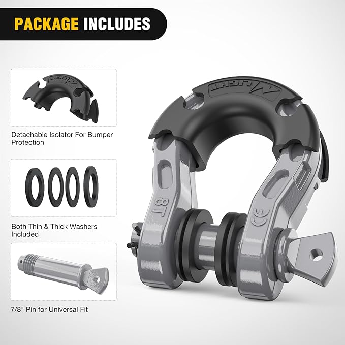 Nilight Heavy Duty Mega D-Ring Shackles(2 Pack) w/ 7/8″ Screw Pin & isolators, 68,000 lb Break Strength(17,000 lb WLL), Forged Steel Off-Road Recovery Shackles for Tow Strap & Winch Gear, Silver Gray