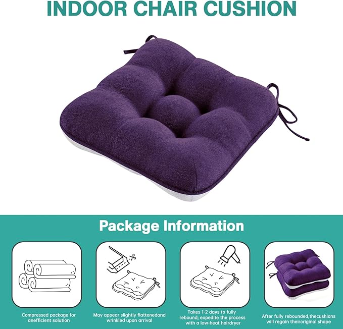 BETU Chair Cushions for Dining Chairs Set of 4,3.5" Thick Kitchen Table Chair Pads with Ties,Non Slip Backing and Covers, Seat Cushion for Dining Room,Bar,Patio Chairs,15.5"X15.5"X3.5",Dark Purple