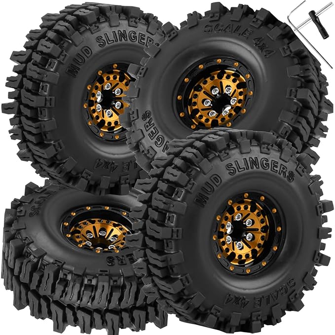 1.0 RC Wheels RC Truck Tires for 1/18 1/24 TRX4M,SCX24,FCX24 RC Crawler,Alloy 1.0‘’ Beadlock RC Truck Tires RC Wheels (4pcs Gold)