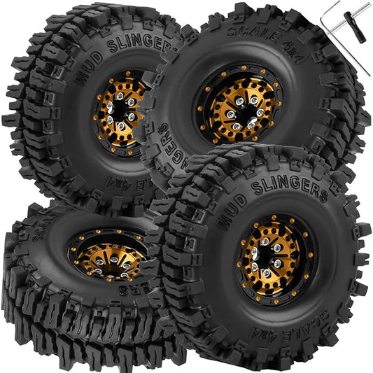 1.0 RC Wheels RC Truck Tires for 1/18 1/24 TRX4M,SCX24,FCX24 RC Crawler,Alloy 1.0‘’ Beadlock RC Truck Tires RC Wheels (4pcs Gold)