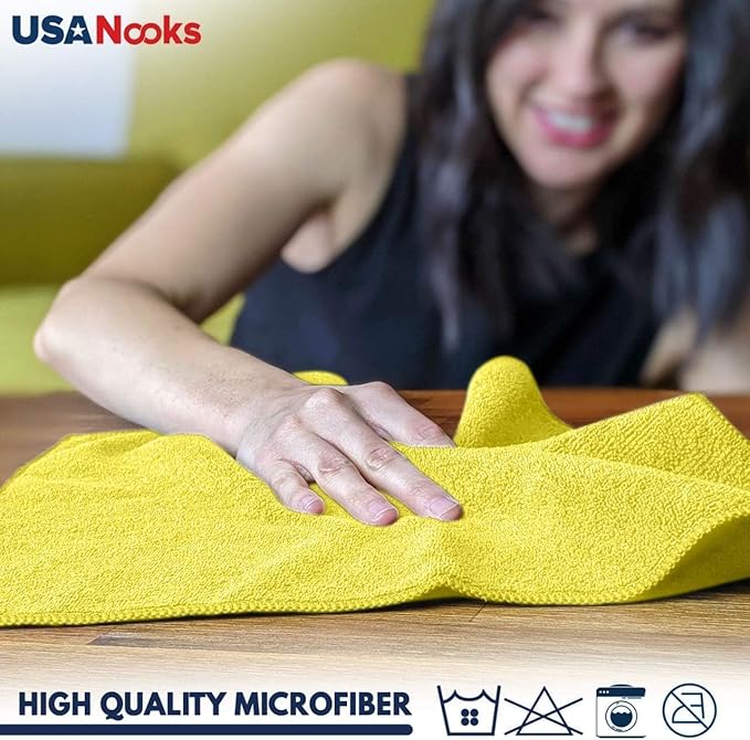 USANOOKS Microfiber Cleaning Cloth Yellow - 24 Pcs 12.5"x12.5" - High Performance - 1200 Washes, Ultra Absorbent Towels Weave Grime & Liquid for Streak-Free Mirror Shine - Car Washing Cloth