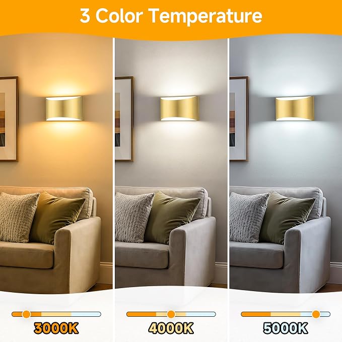 MATAMEYE Modern LED Wall Sconce Set of 2, Gold Indoor Wall Lighting Fixture with 3 Colors Temperatures, 10W Up/Down Hardwired Wall Mount Lamp for Bedroom Living Room Hallway