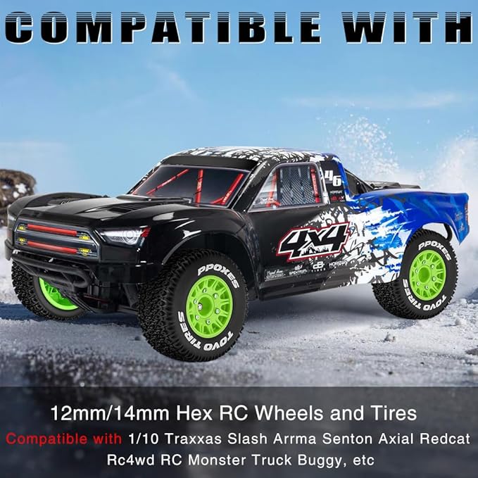 GLOBACT 12mm/14mm Hex RC Wheels and Tires 1/10 RC Truck Tires for Arrma Senton Fury Slash Axial Losi Redcat Rc4wd Hex Detachable Replacement (Green 4PCS)