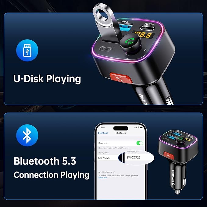 Syncwire Bluetooth 5.3 FM Transmitter Car Adapter 48W (PD 36W & 12W) and Magnetic Car Phone Mount for Car Dashboard