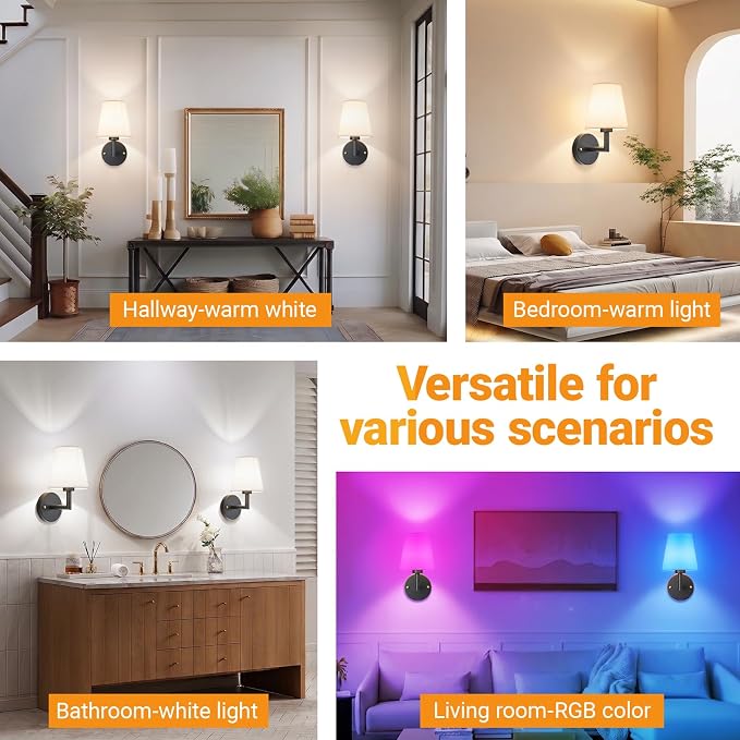 Nekhung Battery Operated Wall Sconces Set of 2, Wireless Wall Light with 10000mAh RGB Dimmable Magnetic Bulb, Rechargeable Wall Sconce with Remote Control for Bedroom Living Room