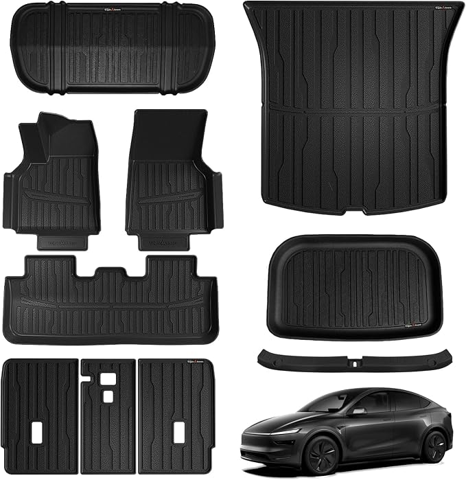 TripleAliners 10PCS Floor Mats Fit for 2026 2025 Tesla Model Y Juniper Set Full Protection All Weather TPE Anti-Slip Floor& Frunk& Trunk& Rear Lower& Backrest Mat& Bumper Guard (Not Fit Standard)