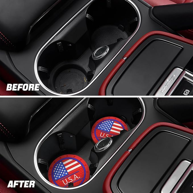AUCELI 2 Pack Car Cup Holder Coasters, Colored American Flag US Flag Insert Car Cup Coaster, 2.75 Inch Anti Slip Shockproof Embedded Drink Mat, Vehicle Interior Decor Accessories