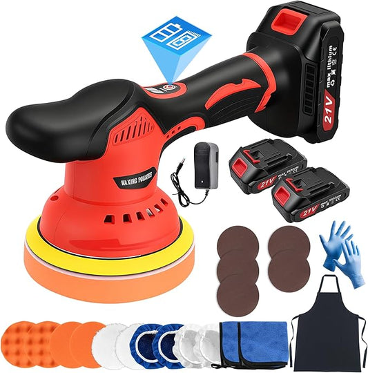 Cordless Car Buffer Polisher, 6 Inch Orbital Polisher Kit with 2x21V Batteries & 21 PCS Attachments - 8 Speeds Variable Max 6000RPM Car Buffer for Car Detailing, Waxing, Polishing, Scratch Removing
